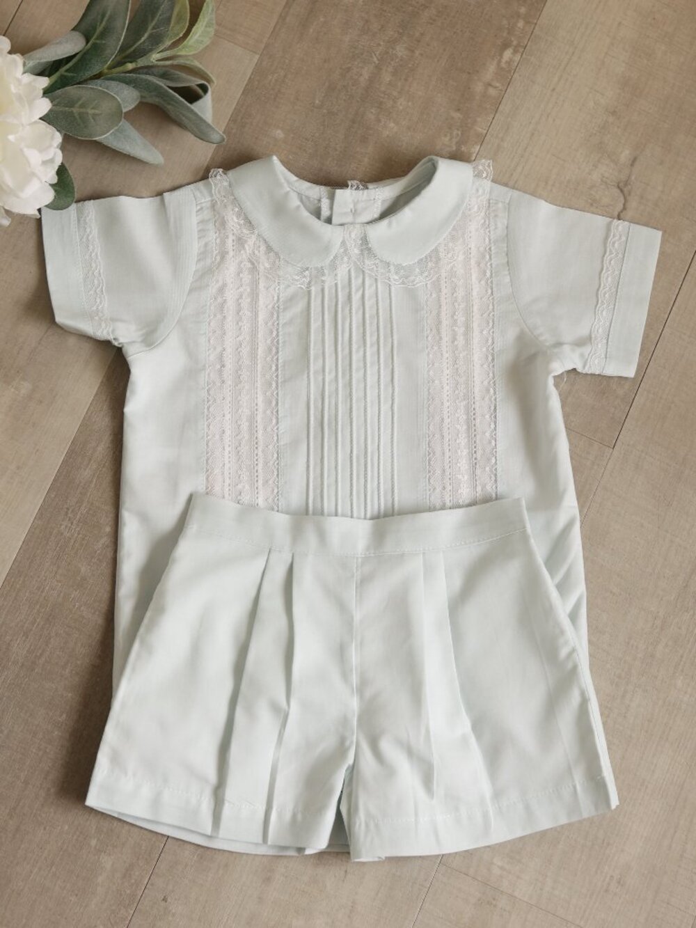 Boys Heirloom Dressy Short Set Blue Pintucks Vintage Lace Ring Bearer Portait